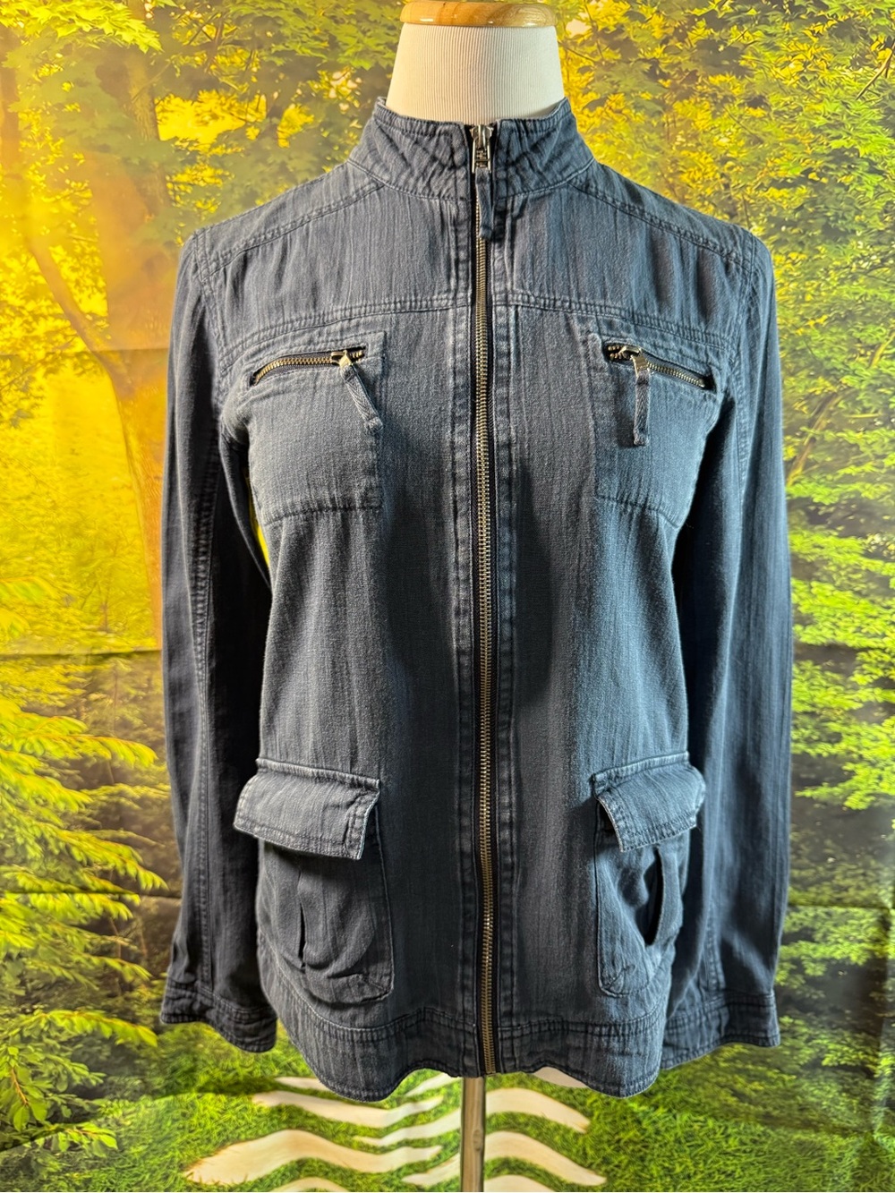 875-Maurices Navy Zip-Front Long-Sleeve Jean Jacket